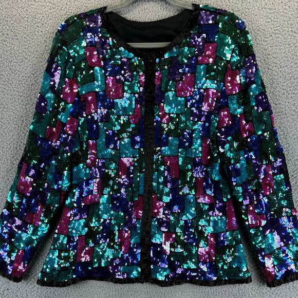Vtg Stenay Sequin Jacket Large Retro Disco Glam Holiday Colorblock Allover - Picture 2 of 12